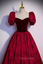 Burgundy Velvet Long A-Line Formal Prom Dresses, Burgundy Short Sleeve Evening Dresses