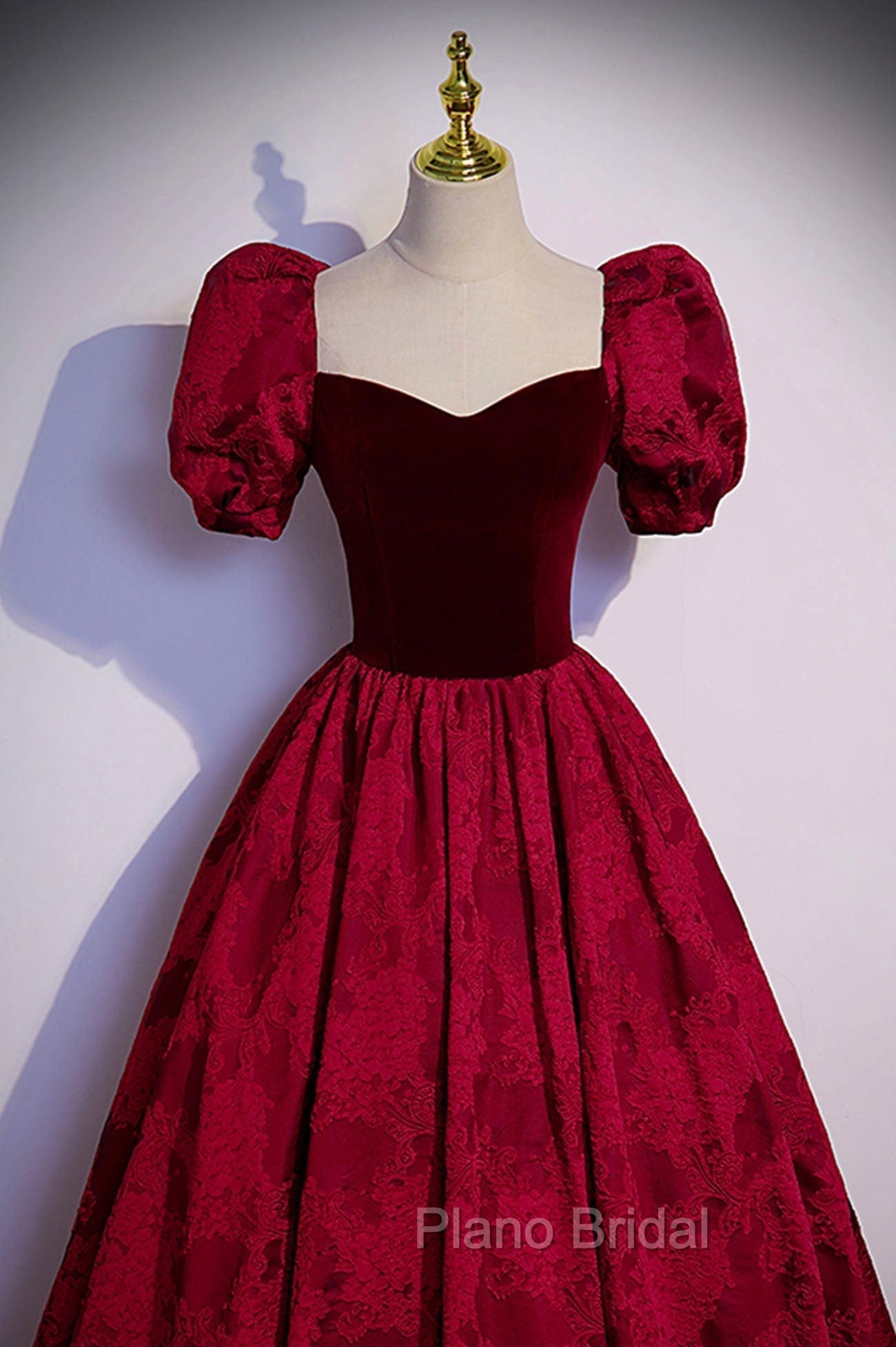 Burgundy Velvet Long A-Line Formal Prom Dresses, Burgundy Short Sleeve Evening Dresses
