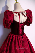 Burgundy Velvet Long A-Line Formal Prom Dresses, Burgundy Short Sleeve Evening Dresses