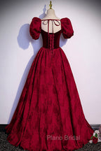 Burgundy Velvet Long A-Line Formal Prom Dresses, Burgundy Short Sleeve Evening Dresses