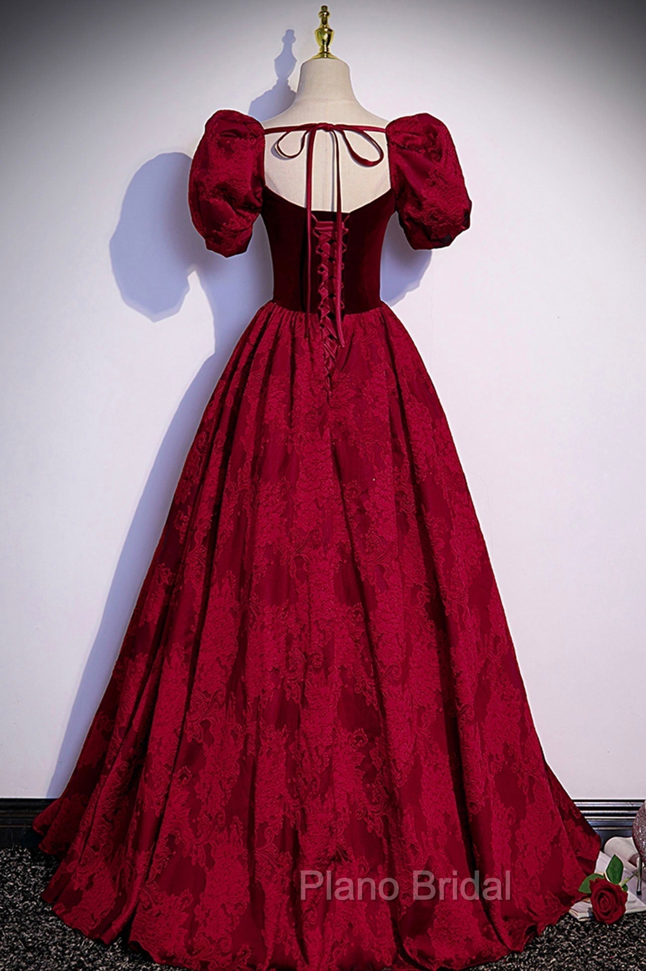 Burgundy Velvet Long A-Line Formal Prom Dresses, Burgundy Short Sleeve Evening Dresses