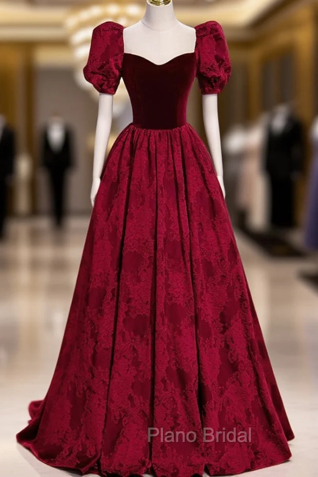 Burgundy Velvet Long A-Line Formal Prom Dresses, Burgundy Short Sleeve Evening Dresses Main image