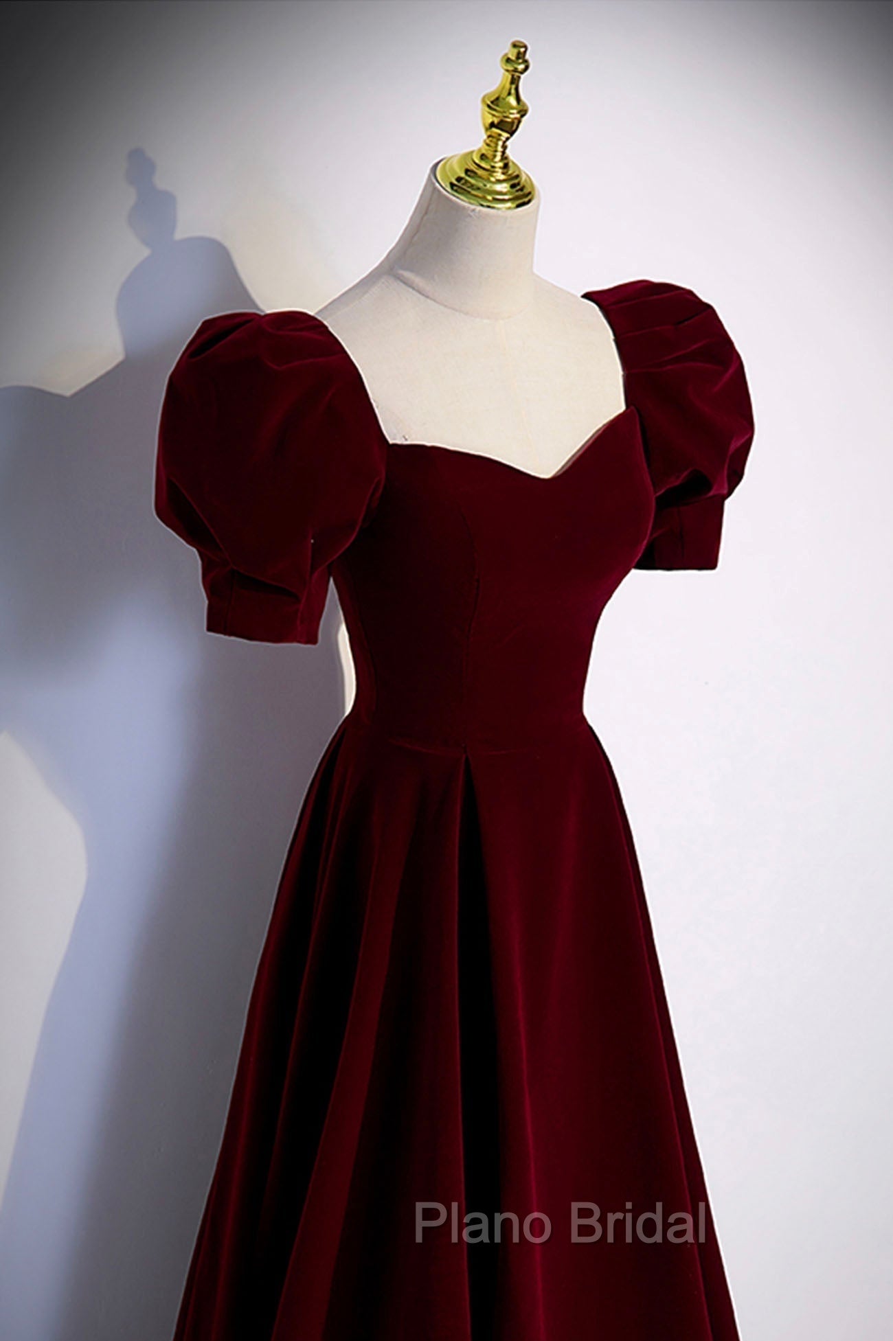 Burgundy Velvet Long A-Line Formal Prom Dresses, Simple Short Sleeve Party Dresses Secondary image