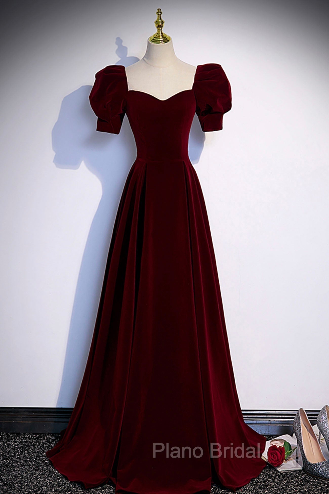 Burgundy Velvet Long A-Line Formal Prom Dresses, Simple Short Sleeve Party Dresses