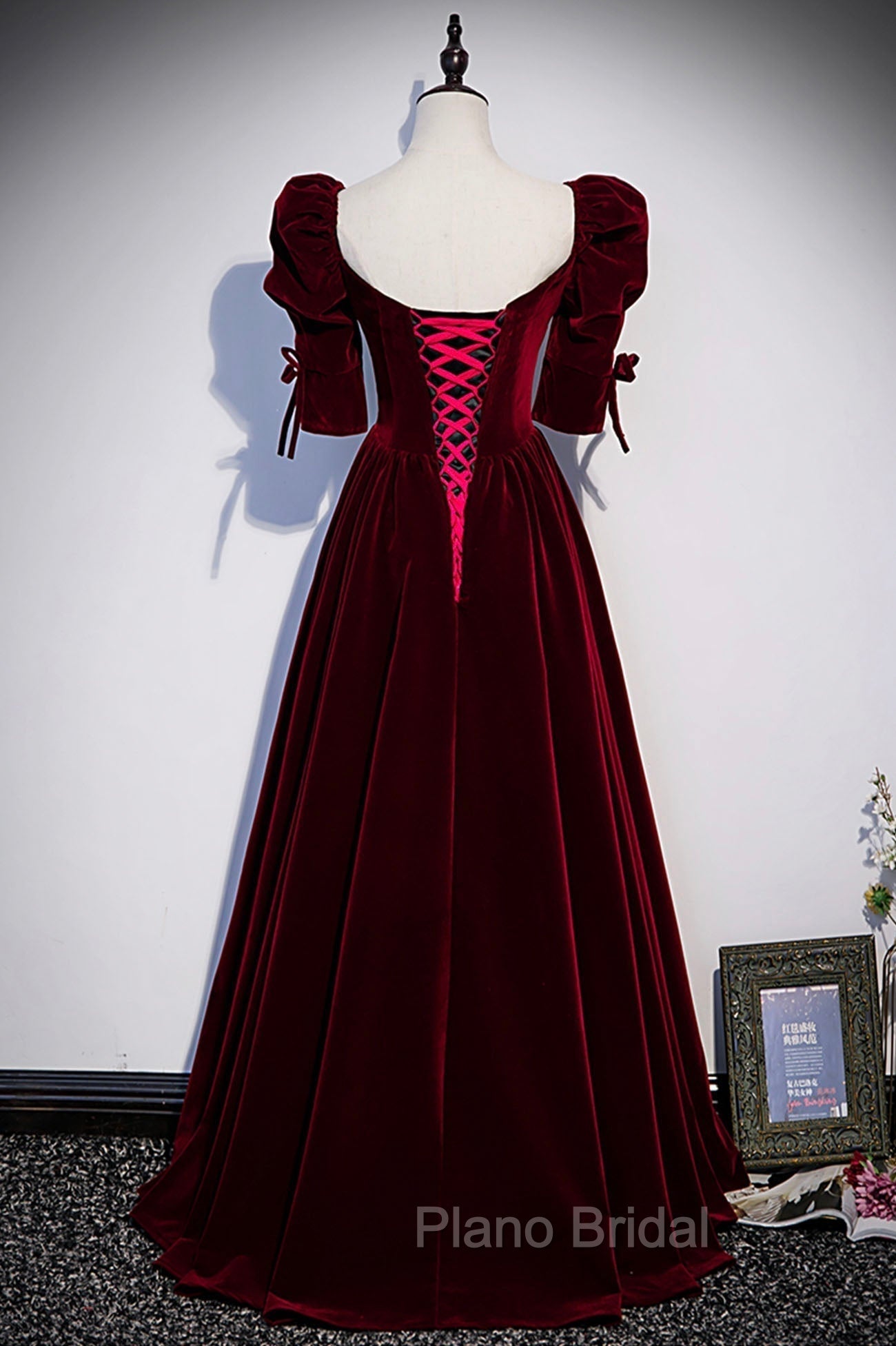 Burgundy Velvet Long Evening Party Dresses, A-Line Short Sleeve Formal Prom Dresses