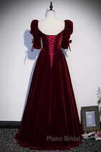 Burgundy Velvet Long Evening Party Dresses, A-Line Short Sleeve Formal Prom Dresses