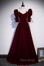 Burgundy Velvet Long Evening Party Dresses, A-Line Short Sleeve Formal Prom Dresses