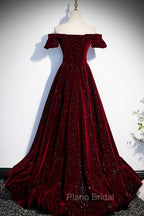 Burgundy Velvet Long Formal Prom Dresses, A-Line Off the Shoulder Evening Dresses
