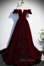 Burgundy Velvet Long Formal Prom Dresses, A-Line Off the Shoulder Evening Dresses