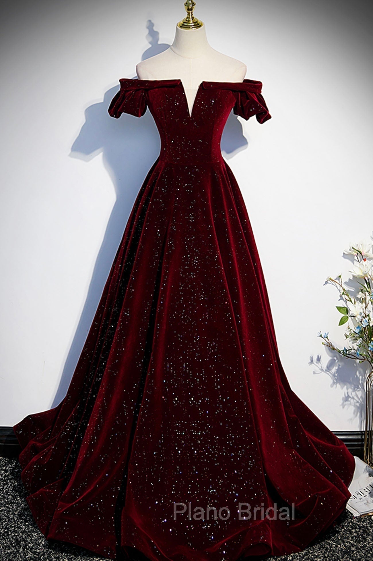 Burgundy Velvet Long Formal Prom Dresses, A-Line Off the Shoulder Evening Dresses