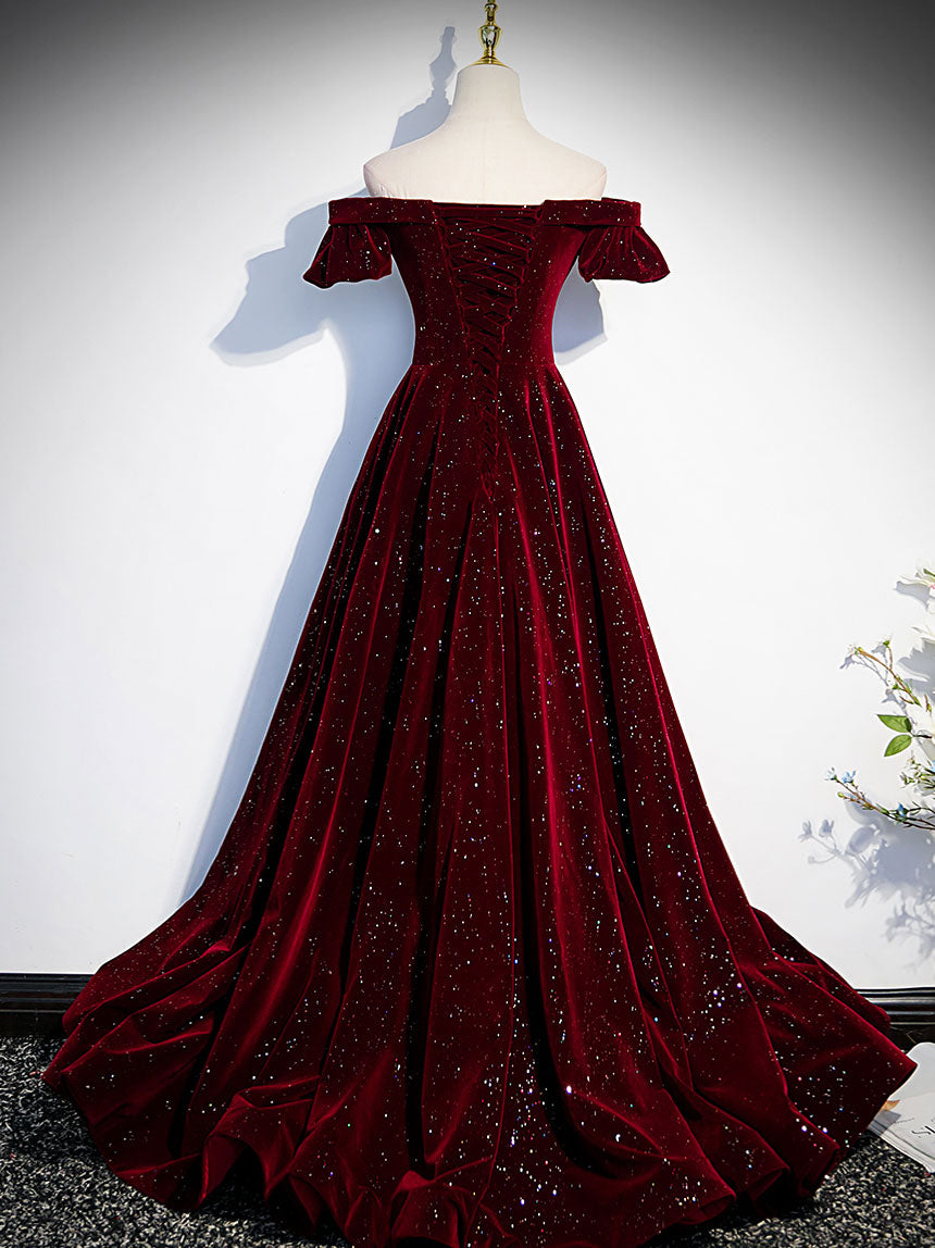 Burgundy Velvet Long Formal Prom Dresses, Burgundy Long Formal Dresses