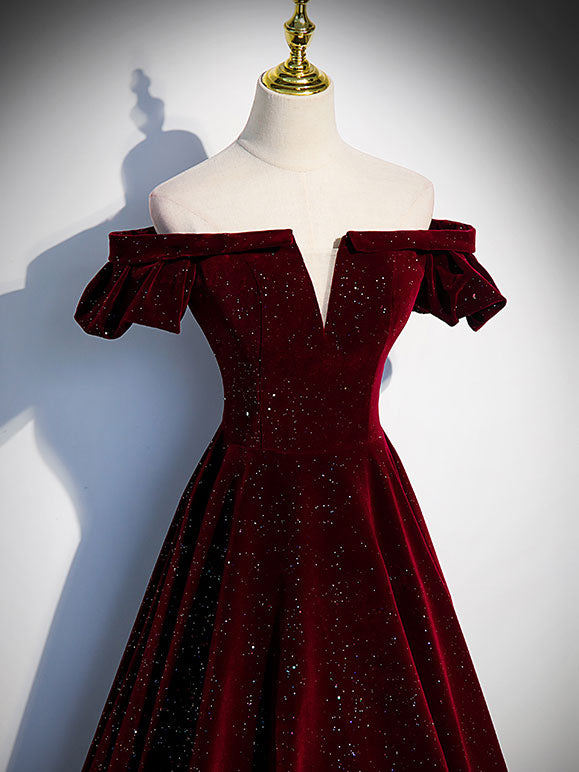 Burgundy Velvet Long Formal Prom Dresses, Burgundy Long Formal Dresses