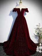 Burgundy Velvet Long Formal Prom Dresses, Burgundy Long Formal Dresses