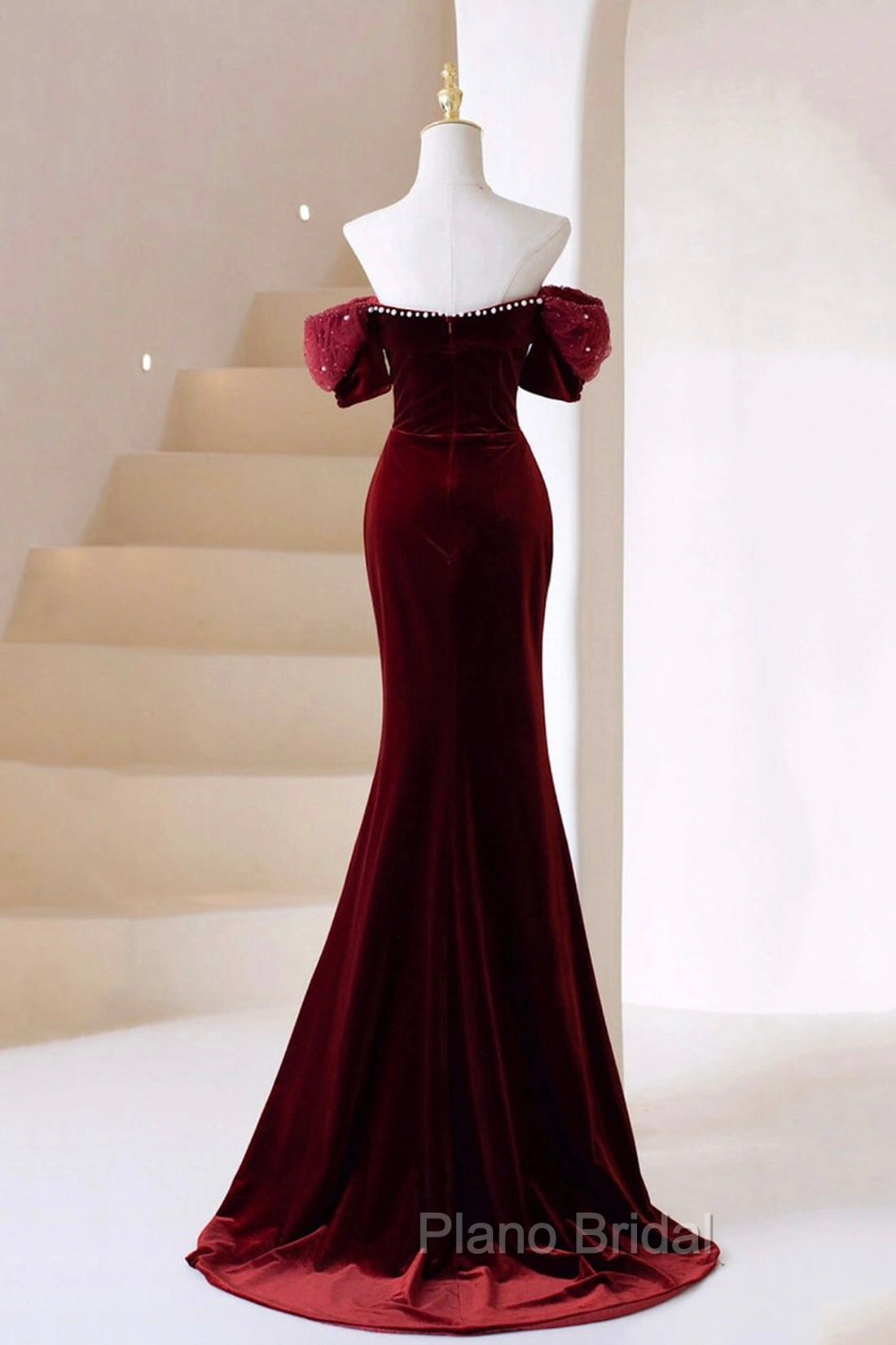Burgundy Velvet Long Formal Prom Dresses, Burgundy Off Shoulder Pearl Evening Dresses Secondary image
