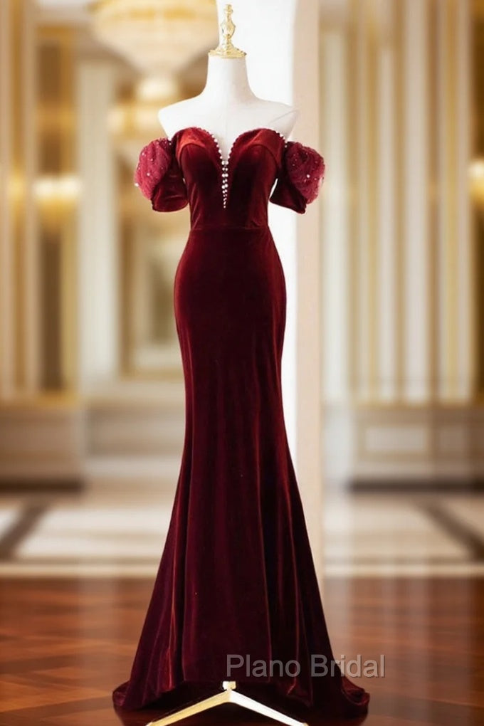 Burgundy Velvet Long Formal Prom Dresses, Burgundy Off Shoulder Pearl Evening Dresses Main image