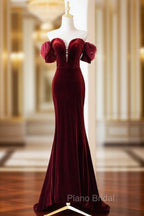 Burgundy Velvet Long Formal Prom Dresses, Burgundy Off Shoulder Pearl Evening Dresses