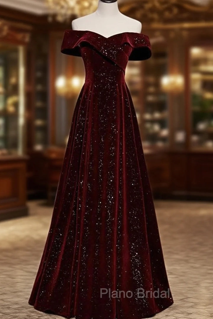 Burgundy Velvet Long Formal Prom Dresses Evening Dresses Main image
