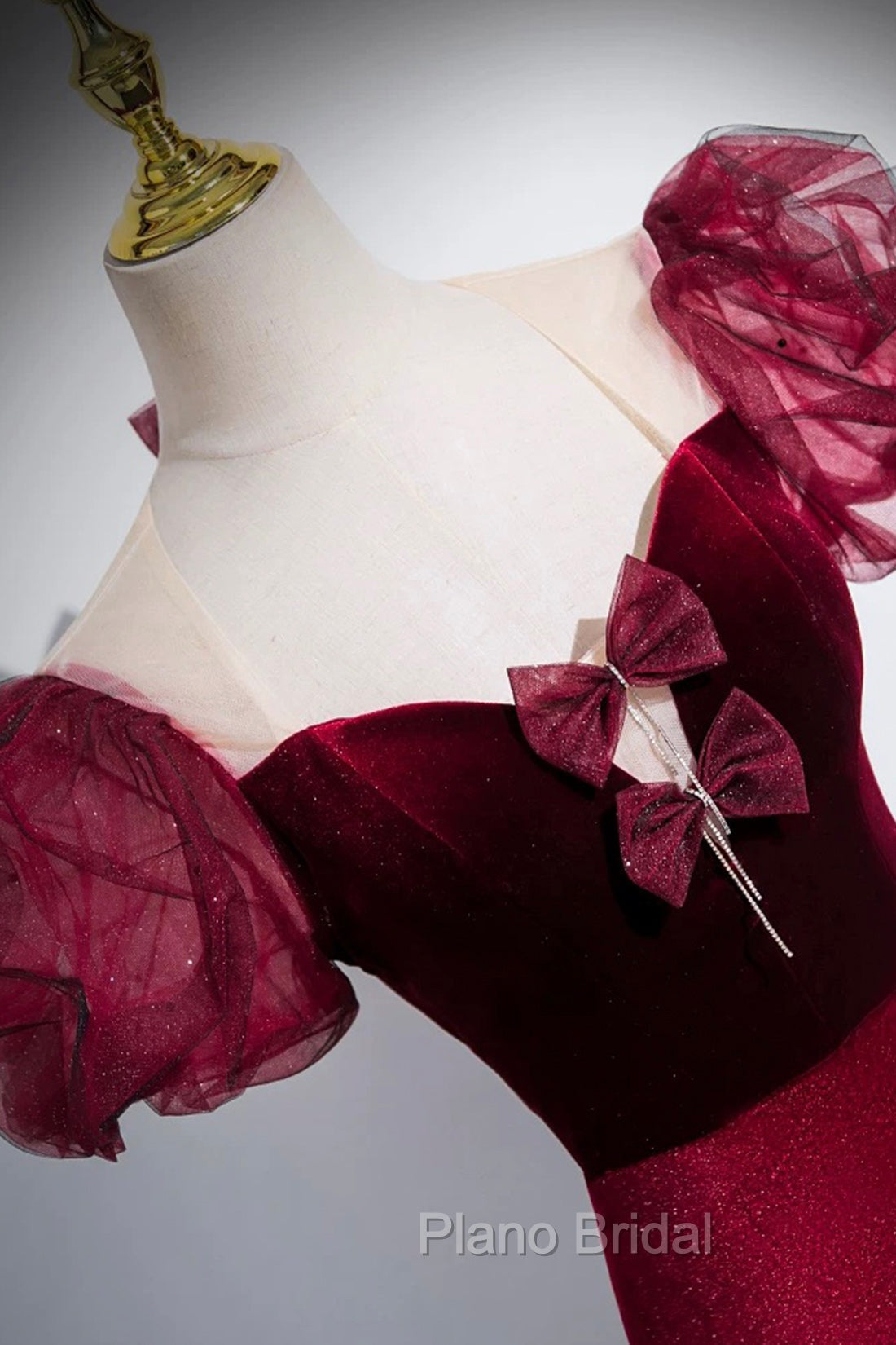 Burgundy Velvet Long Formal Prom Dresses, Mermaid Short Sleeve Party Dresses Wit Bow Secondary image