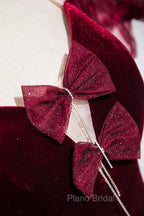 Burgundy Velvet Long Formal Prom Dresses, Mermaid Short Sleeve Party Dresses Wit Bow