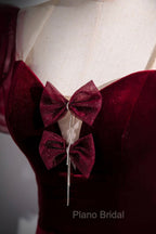 Burgundy Velvet Long Formal Prom Dresses, Mermaid Short Sleeve Party Dresses Wit Bow