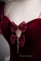 Burgundy Velvet Long Formal Prom Dresses, Mermaid Short Sleeve Party Dresses Wit Bow