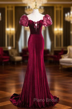 Burgundy Velvet Long Formal Prom Dresses, Mermaid Short Sleeve Party Dresses Wit Bow