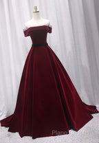 Burgundy Velvet Long Formal Prom Dresses, A-Line Formal Dresses