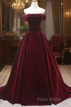 Burgundy Velvet Long Formal Prom Dresses, A-Line Formal Dresses