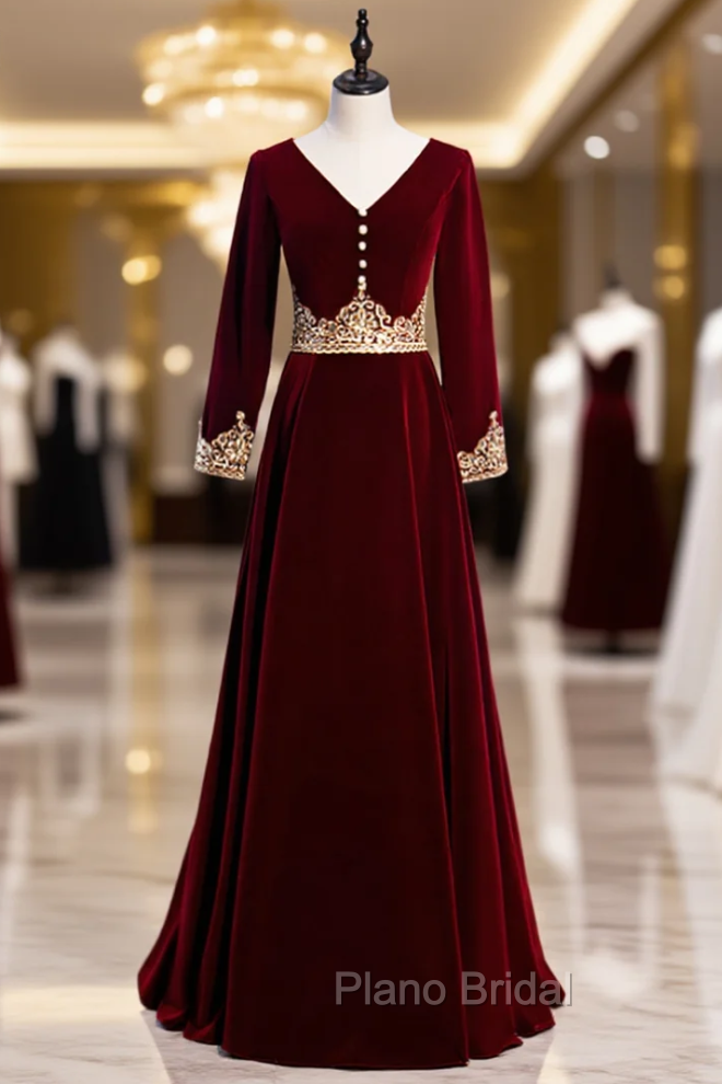 Burgundy Velvet Long Sleeve Appliques V-neck Formal Prom Dresses Main image