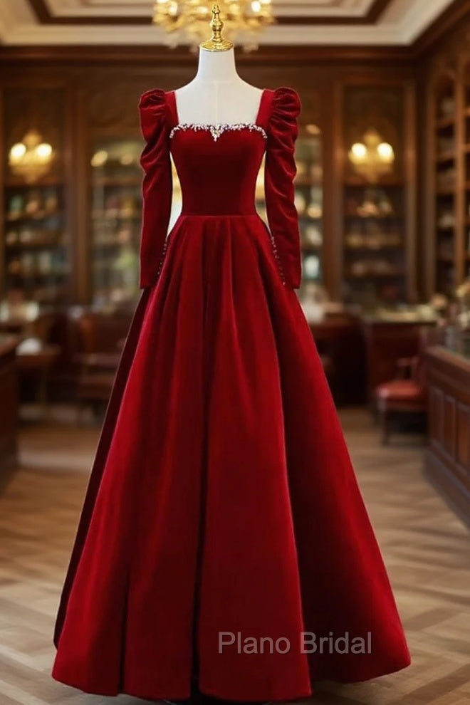 Burgundy Velvet Long Sleeve Crystal Formal Prom Dresses Main image