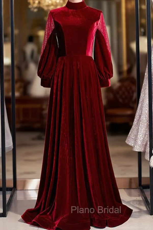 Burgundy Velvet Long Sleeve High Neck Formal Prom Dresses