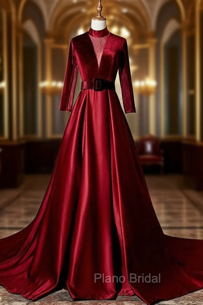 Burgundy Velvet Long Sleeve High Neck See Through Back Formal Prom Dresses