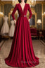 Burgundy Velvet Long Sleeve Pleats Formal Prom Dresses