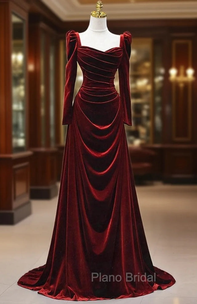 Burgundy Velvet Long Sleeve Pleats Square Neck Formal Prom Dresses