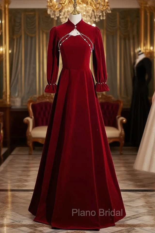 Burgundy Velvet Long Sleeve Formal Prom Dresses
