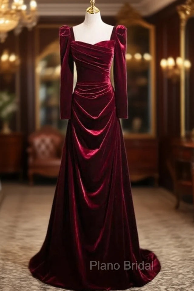 Burgundy Velvet Long Sleeve Square Neck Pleats Formal Prom Dresses
