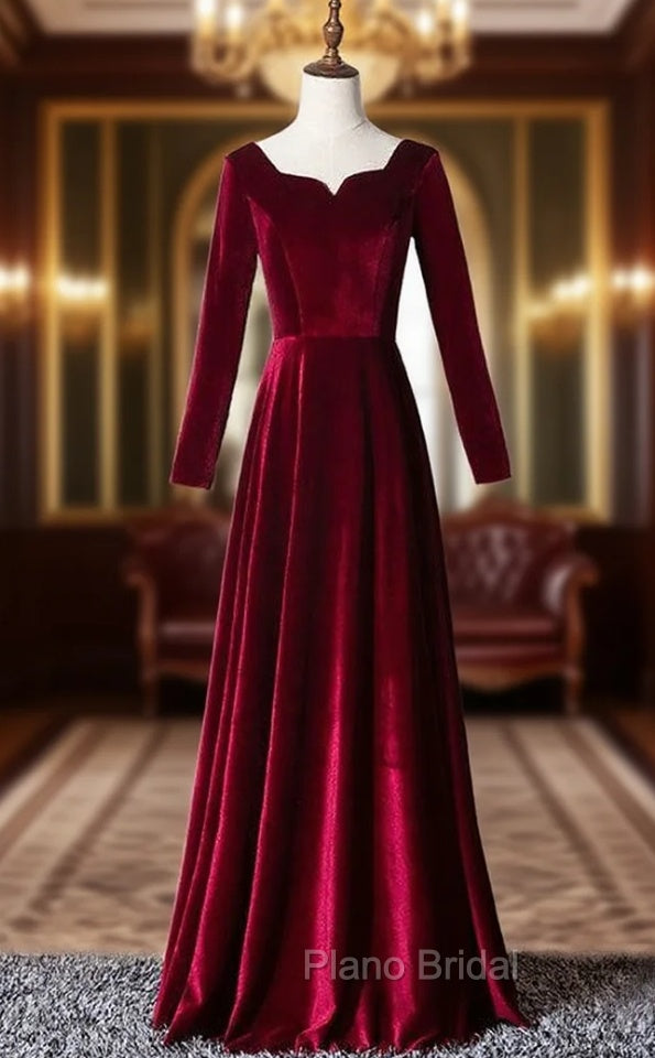 Burgundy Velvet Long Sleeve Square Formal Prom Dresses