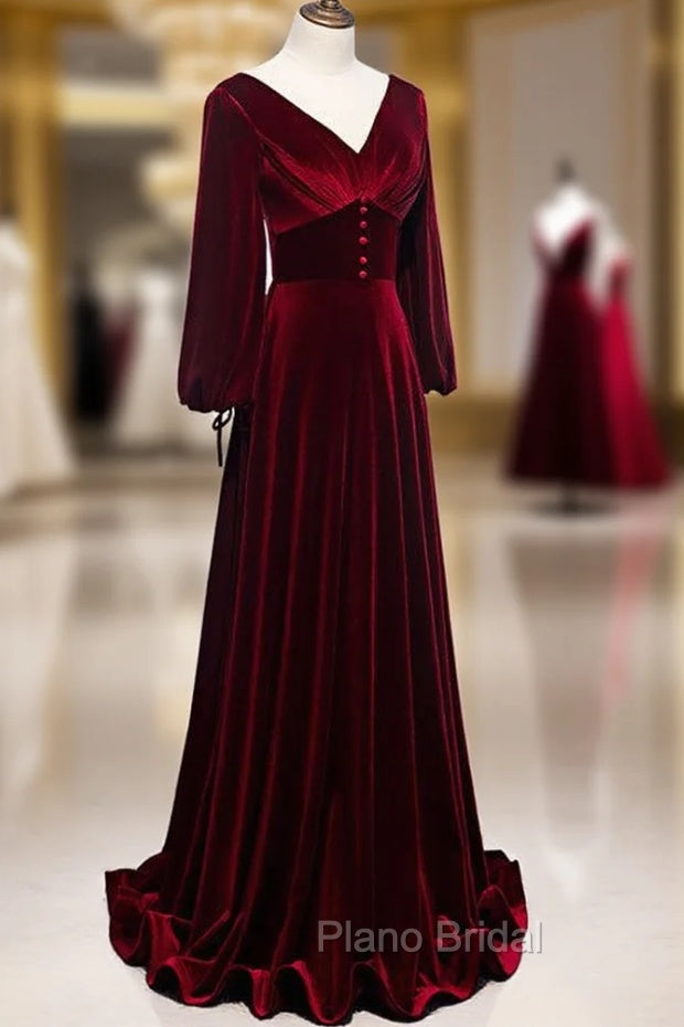 Burgundy Velvet Long Sleeves A-line Formal Prom Dresses, Long Simple Bridesmaid Dresses Secondary image