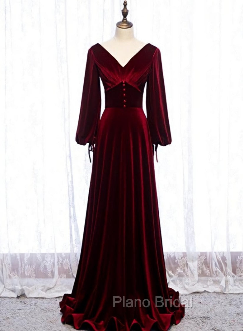 Burgundy Velvet Long Sleeves A-line Formal Prom Dresses, Long Simple Bridesmaid Dresses Main image