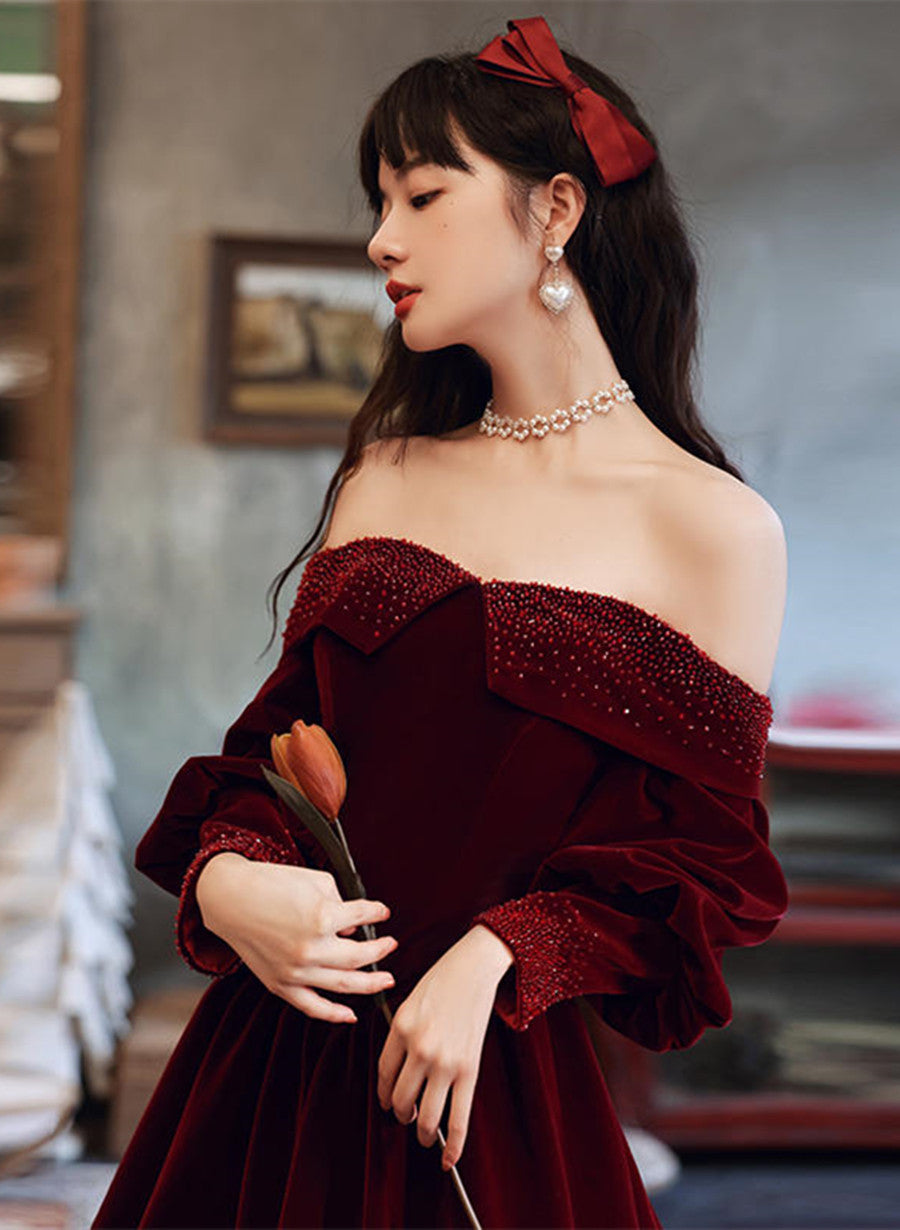 Burgundy Velvet Long Sleeves Beaded Formal Prom Dresses, Sweetheart Long Formal Dresses