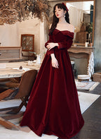 Burgundy Velvet Long Sleeves Beaded Formal Prom Dresses, Sweetheart Long Formal Dresses