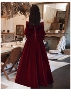 Burgundy Velvet Long Sleeves Beaded Formal Prom Dresses, Sweetheart Long Formal Dresses