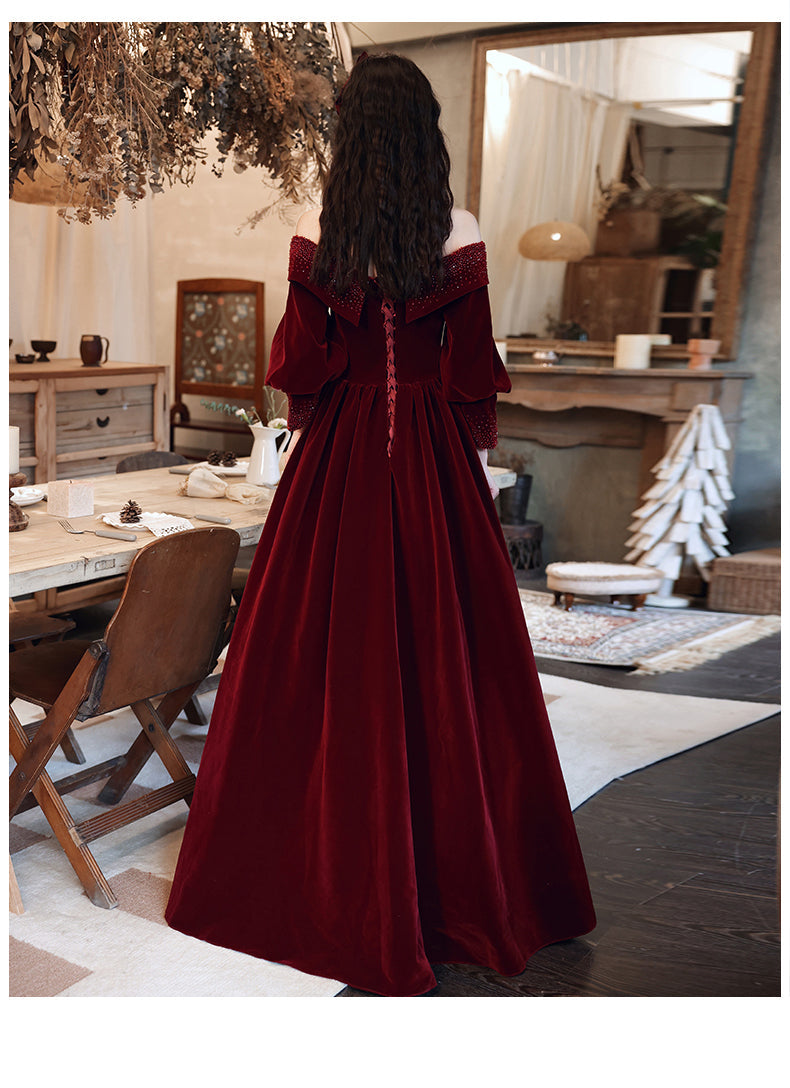 Burgundy Velvet Long Sleeves Beaded Formal Prom Dresses, Sweetheart Long Formal Dresses