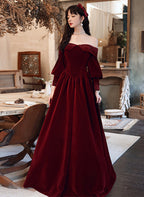 Burgundy Velvet Long Sleeves Beaded Formal Prom Dresses, Sweetheart Long Formal Dresses