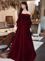 Burgundy Velvet Long Sleeves Beaded Formal Prom Dresses, Sweetheart Long Formal Dresses