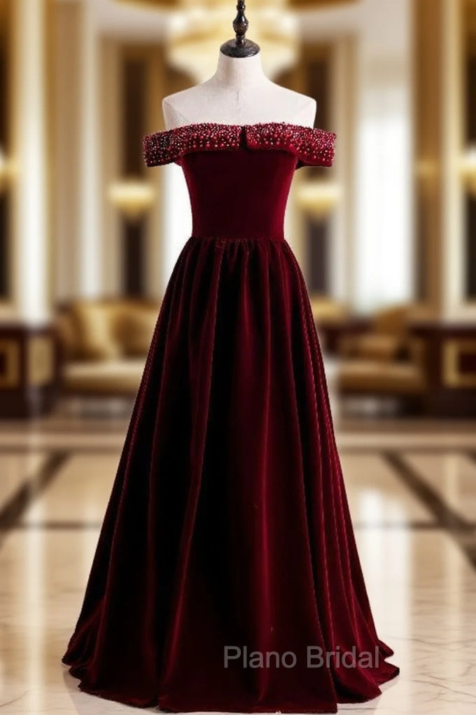 Burgundy Velvet Off the Shoulder Beading Formal Prom Dresses