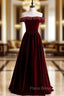 Burgundy Velvet Off the Shoulder Beading Formal Prom Dresses