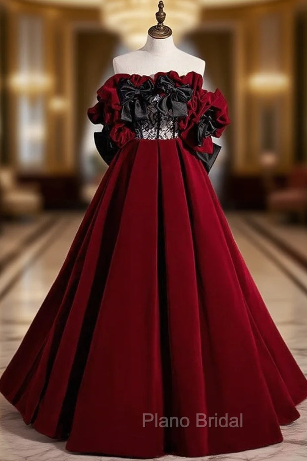Burgundy Velvet Off the Shoulder Black Bow Formal Prom Dresses Main image