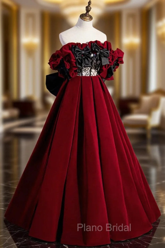 Burgundy Velvet Off the Shoulder Floor Length Formal Prom Dresses Main image