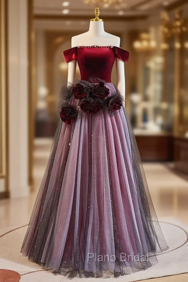 Burgundy Velvet Off the Shoulder Flower Formal Prom Dresses Main image
